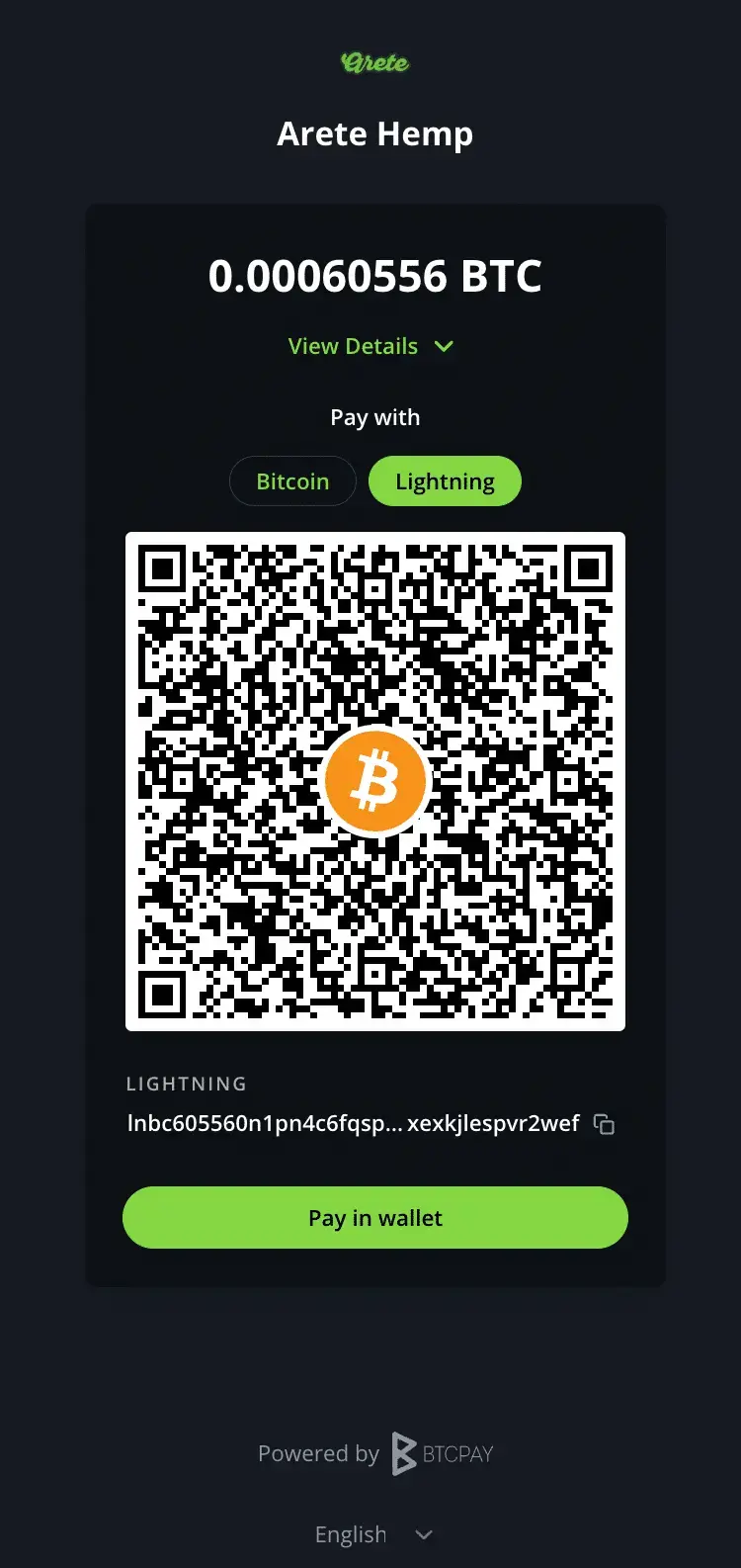Screen Shot: Pay with BTCPAY