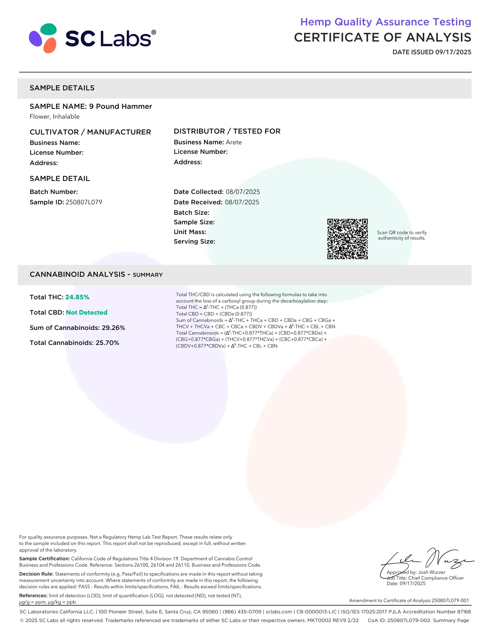 Lab Report Page for 9 Pound Hammer THCa Flower