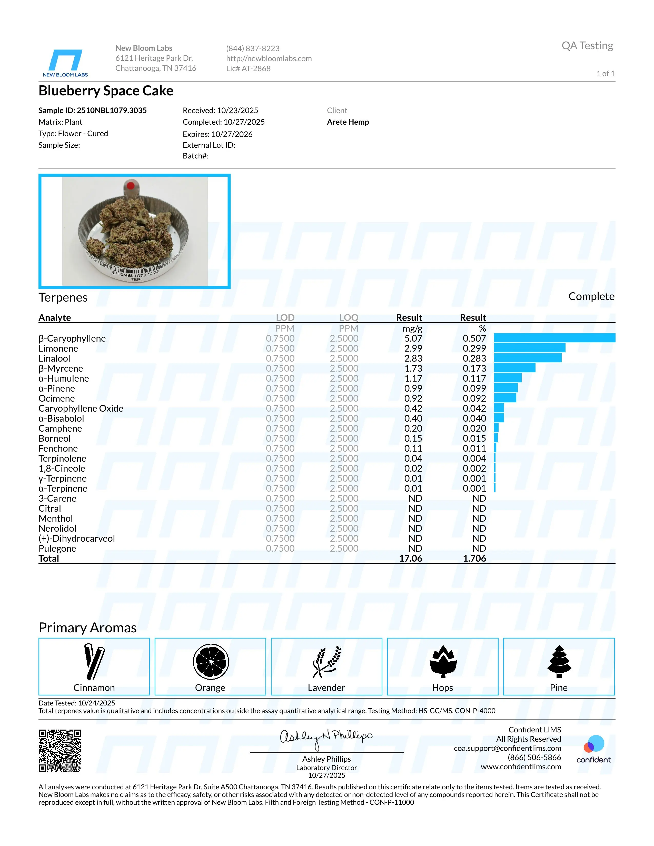 Lab Report Page for Blueberry Space Cake THCa Flower