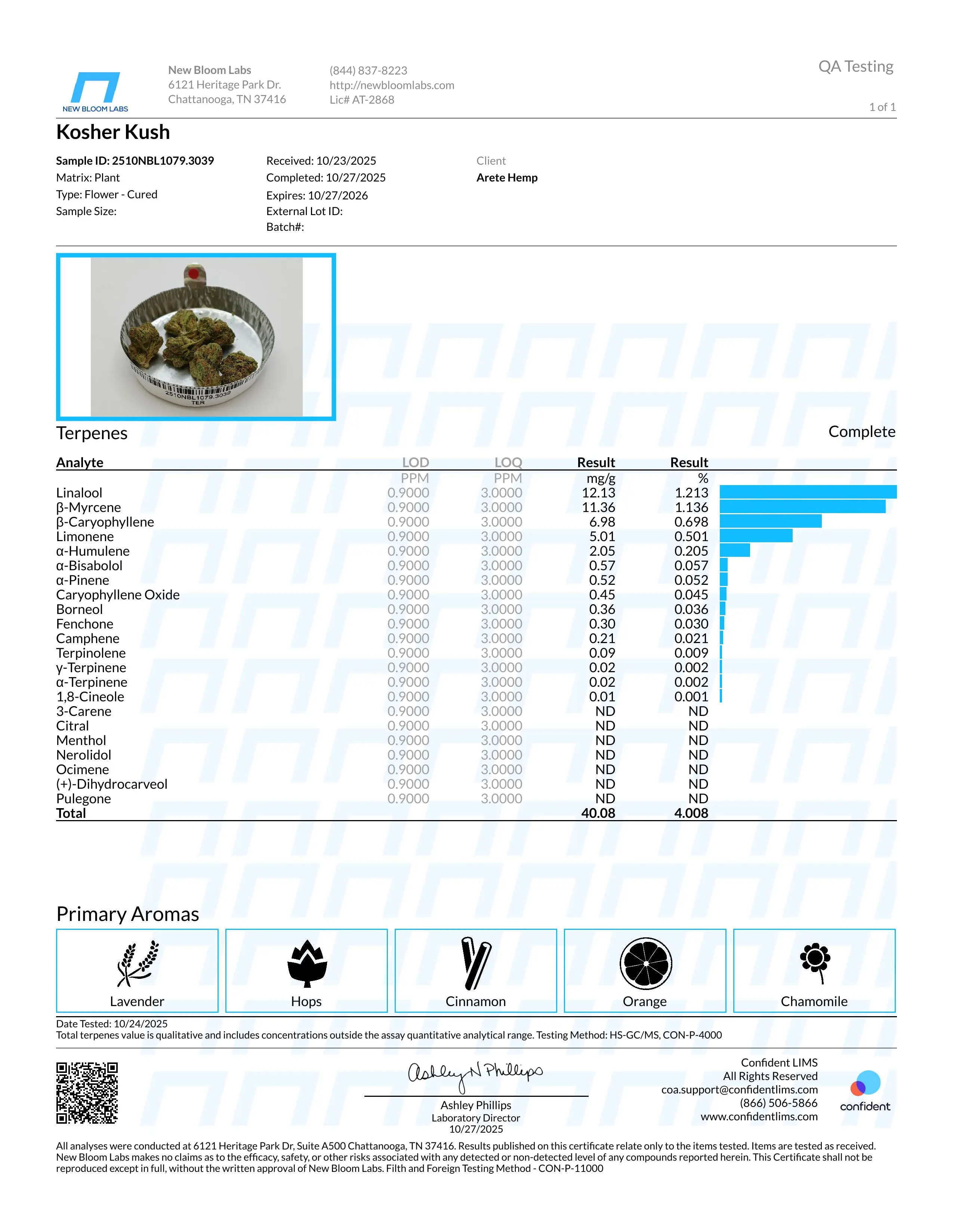 Lab Report Page for Kosher Kush THCa Flower