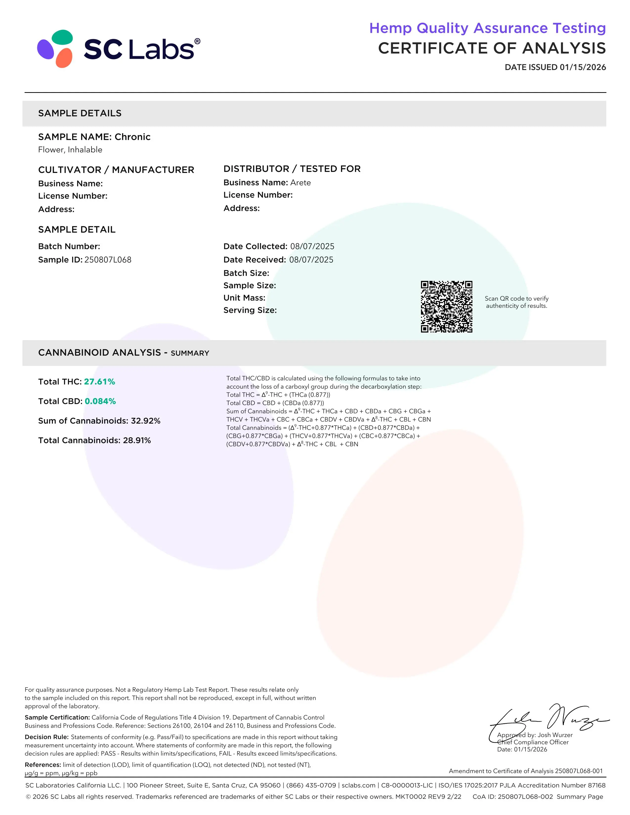 Lab Report Page for Chronic THCa Flower