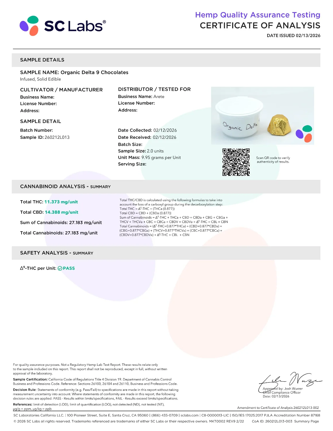 Lab Report Page for Organic Delta 9 THC Chocolates