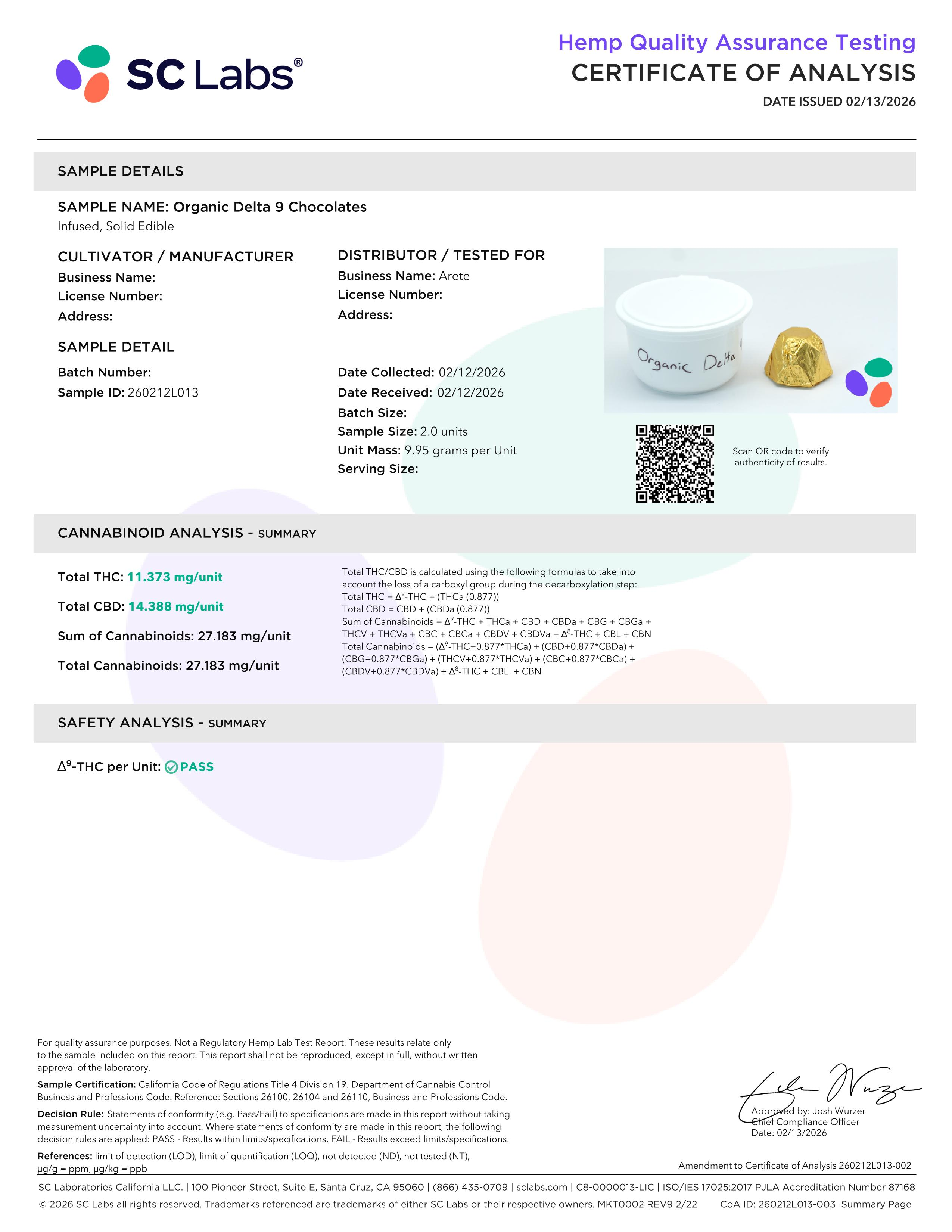 Lab Report Page for Organic Delta 9 THC Chocolates