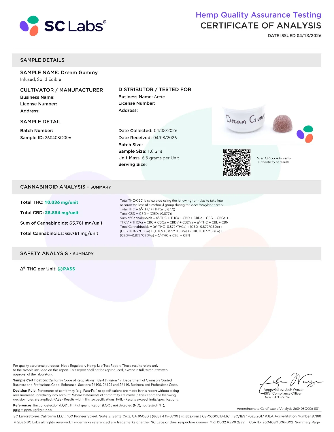 Lab Report Page for Organic Dream Gummies