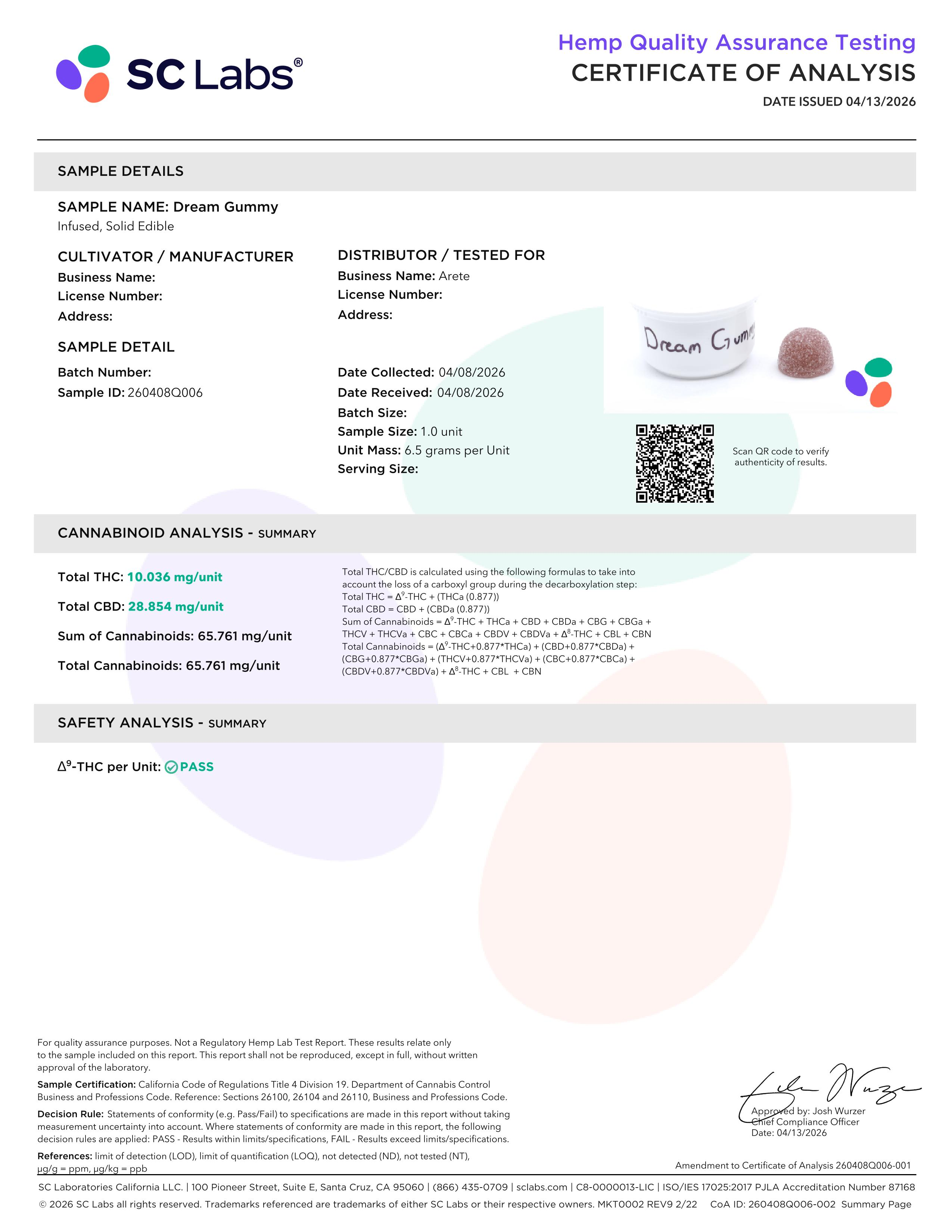 Lab Report Page for Organic Dream Gummies