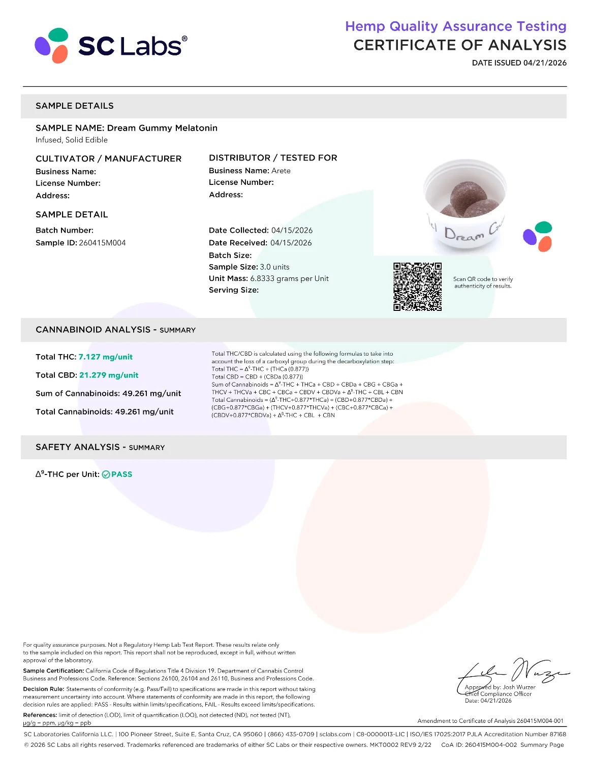 Lab Report Page for Organic Dream Gummies