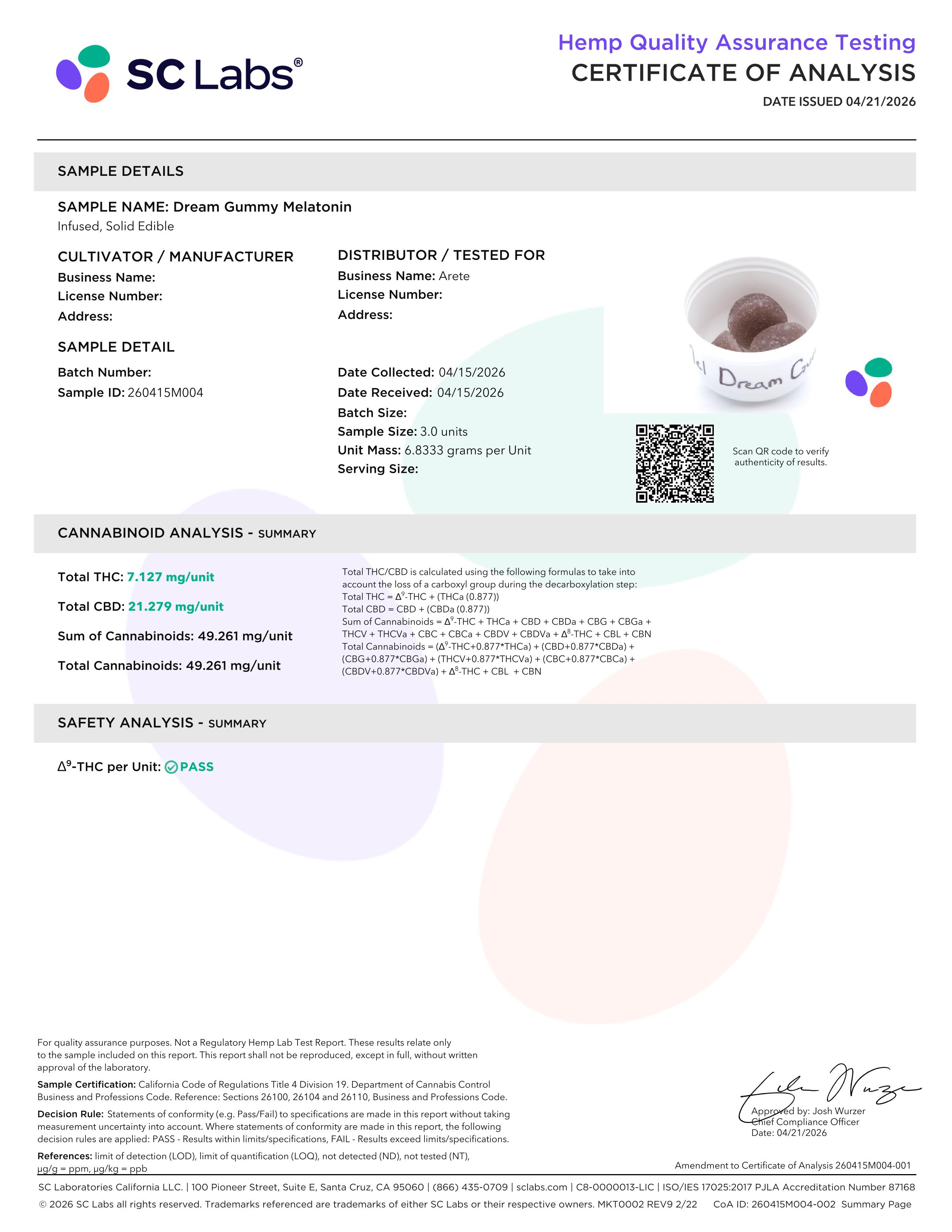 Lab Report Page for Organic Dream Gummies