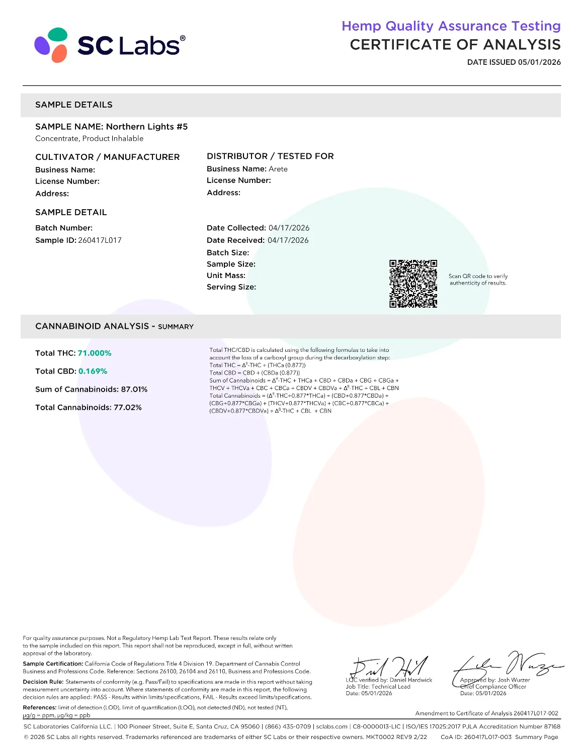Lab Report Page for THCa Hash Rosin Vape Cartridge