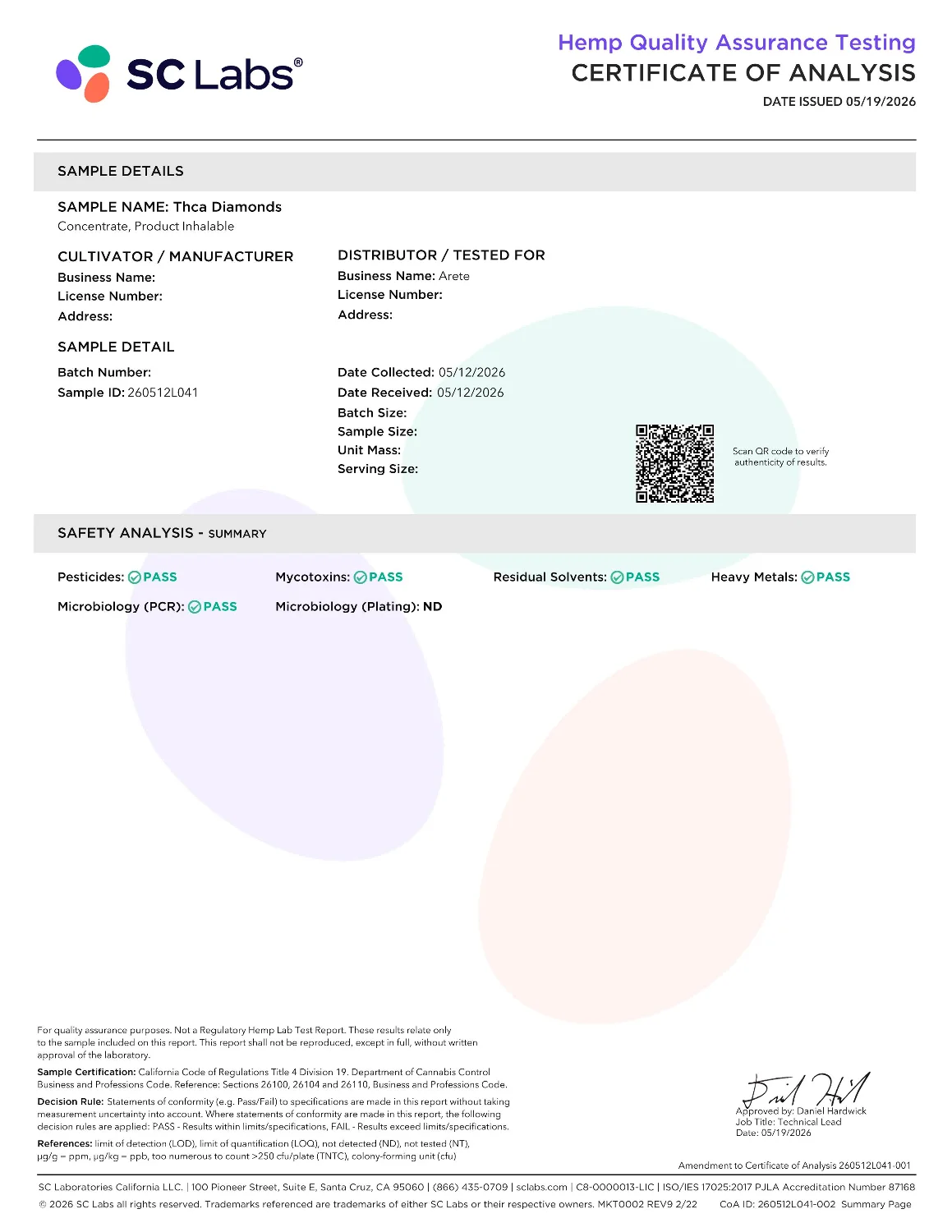 Lab Report Page for 99% THCa Diamonds
