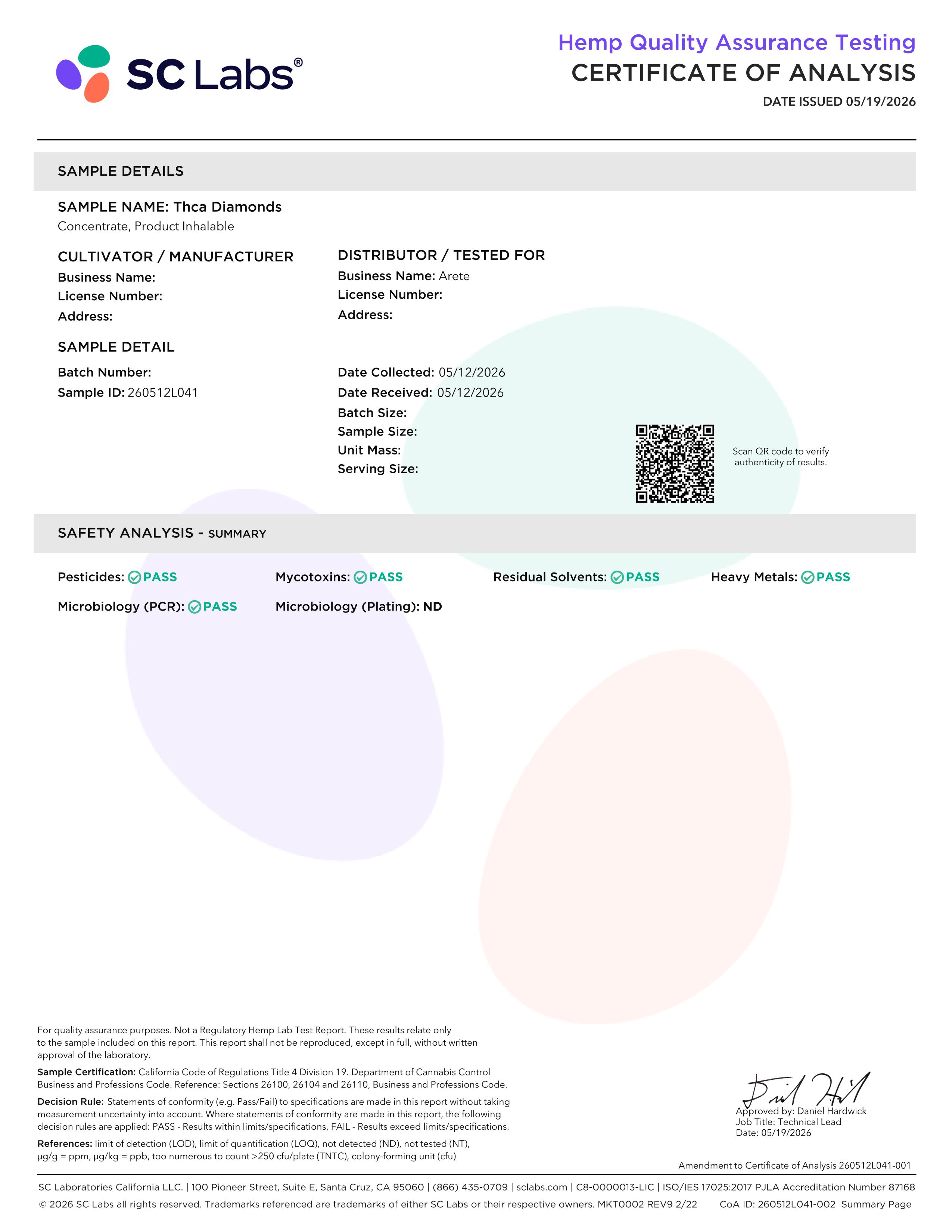 Lab Report Page for 99% THCa Diamonds