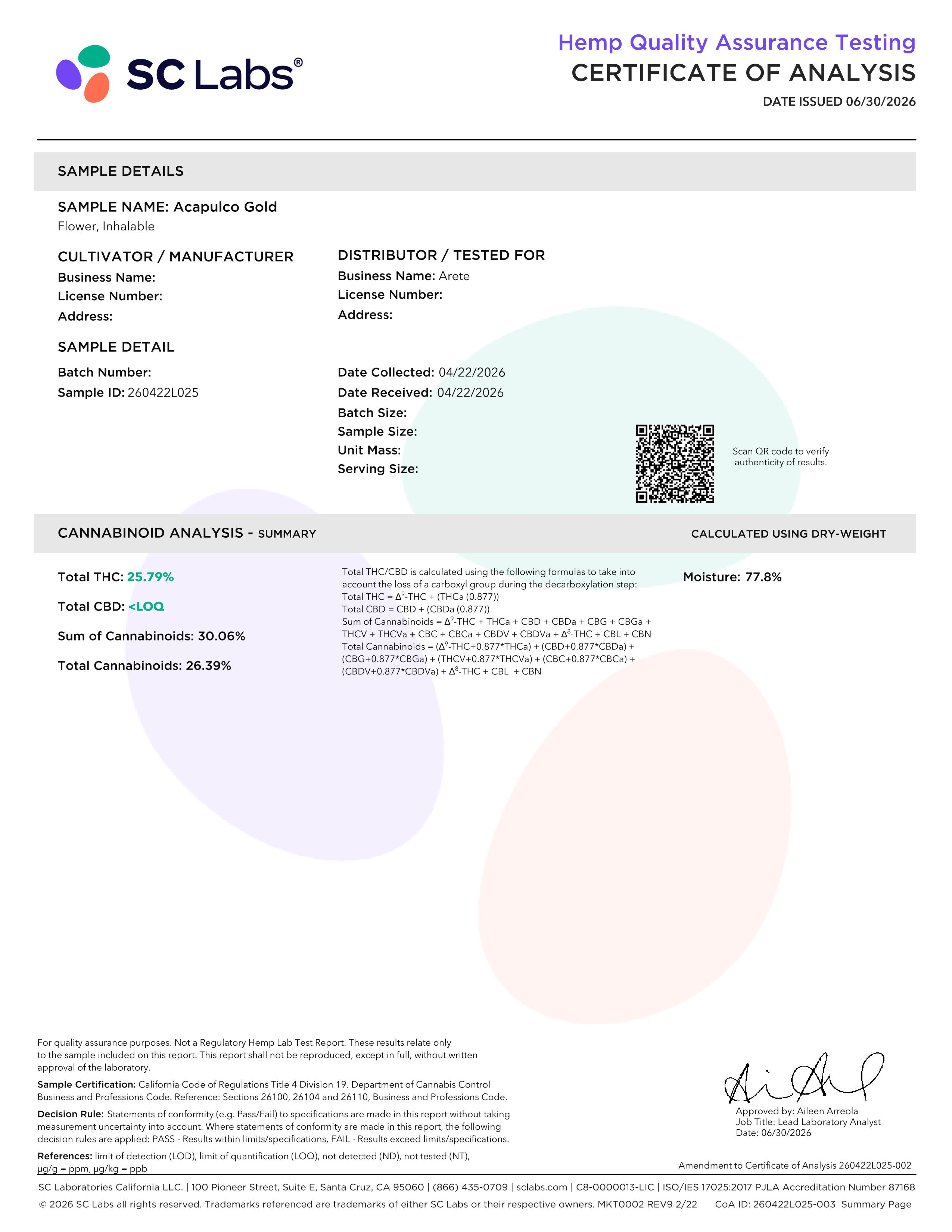 Lab Report Page for Acapulco Gold THCa Flower