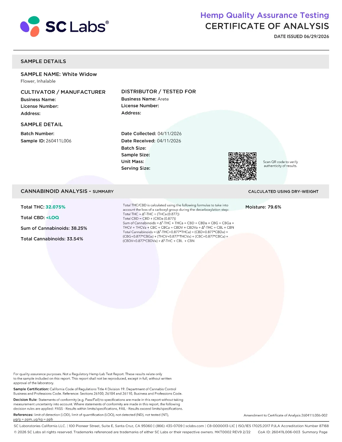 Lab Report Page for White Widow THCa Flower