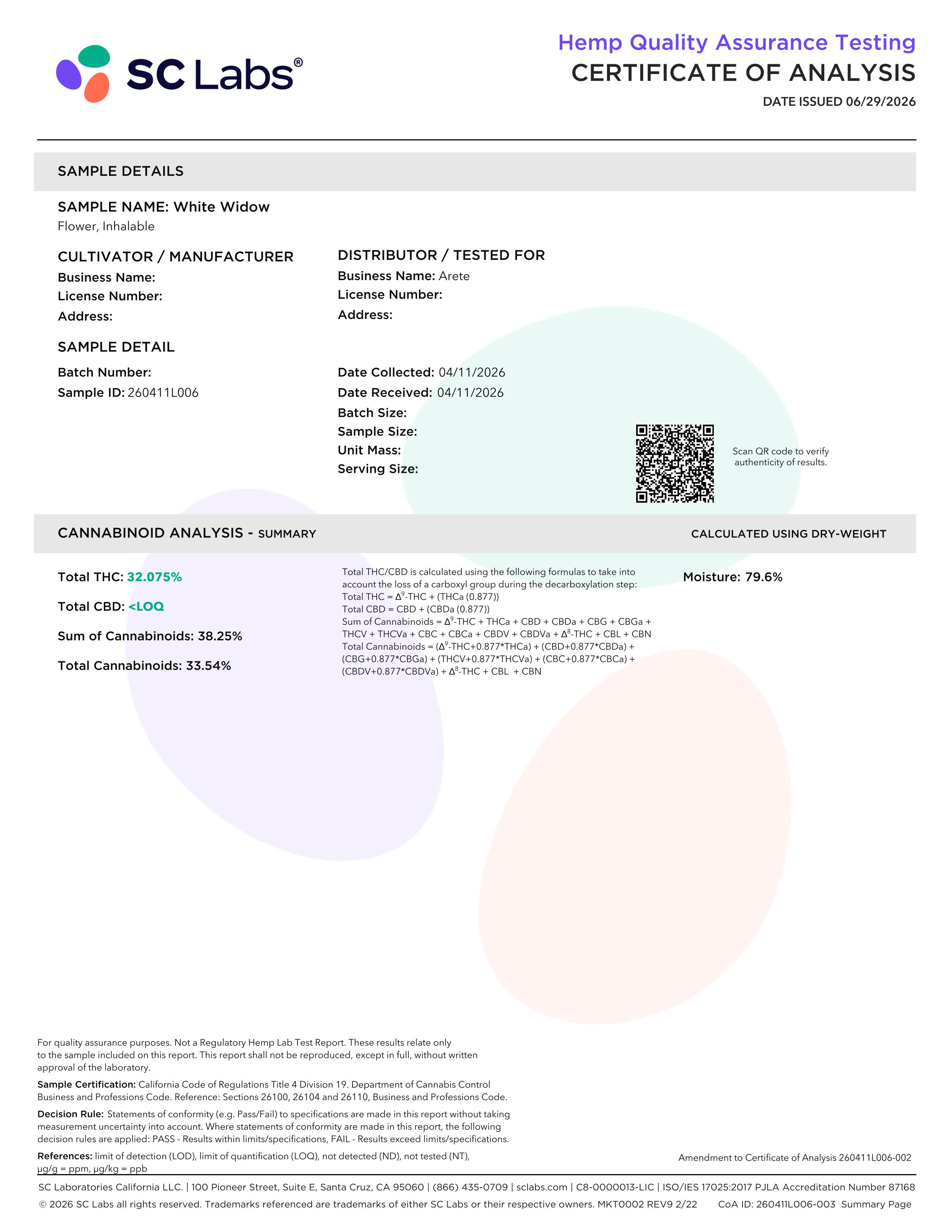 Lab Report Page for White Widow THCa Flower
