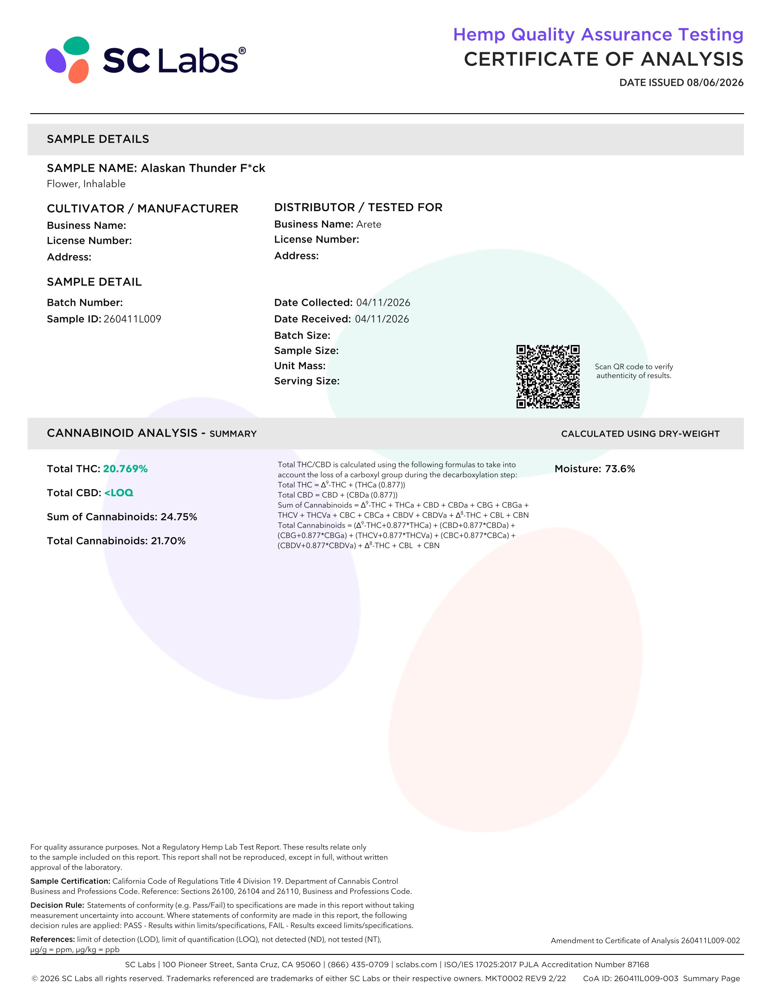 Lab Report Page for THCa Flower Pre Rolls