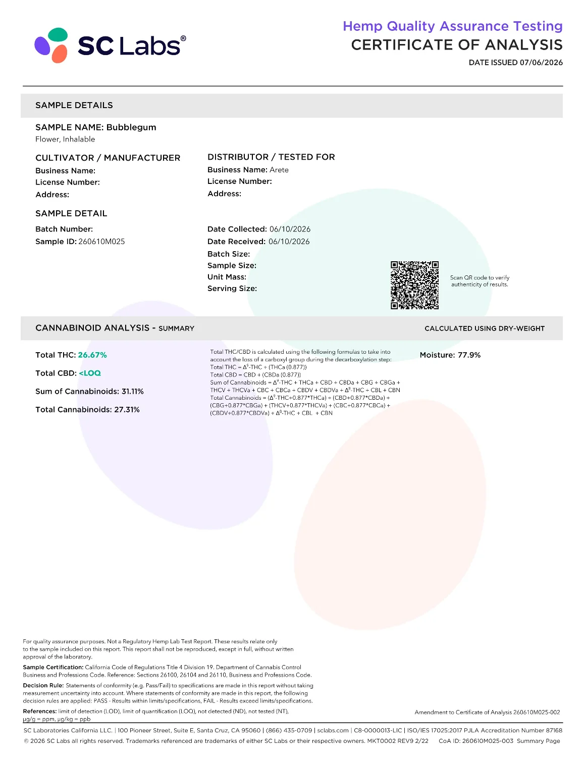 Lab Report Page for Bubblegum THCa Flower