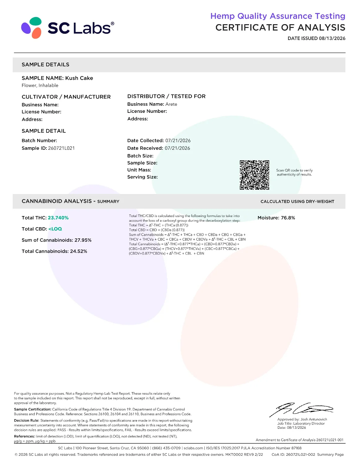 Lab Report Page for THCa Flower Pre Rolls